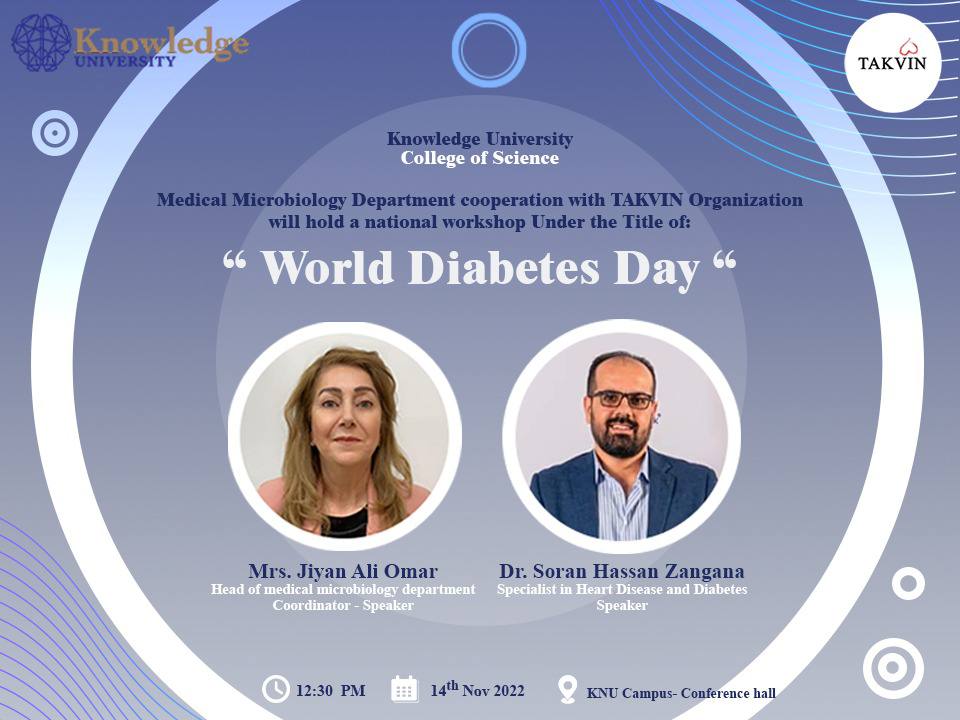 The medical microbiology Department, College of science/Knowledge University, will hold a national workshop under the title of (World Diabetes Day) 
